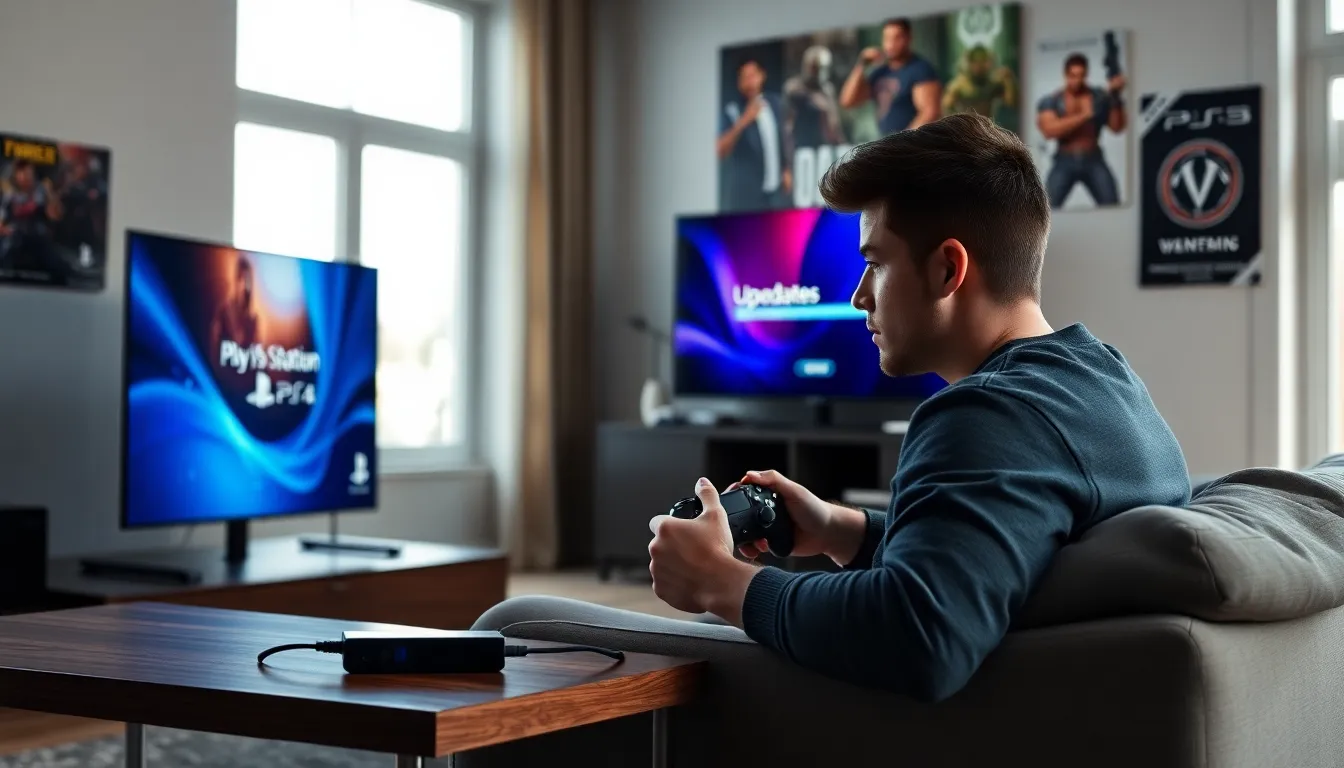 a young man updating his PS4 with a USB drive in a cozy living room.